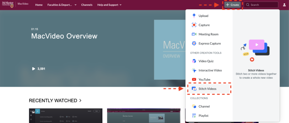 showing create menu navigation and selecting stitch 